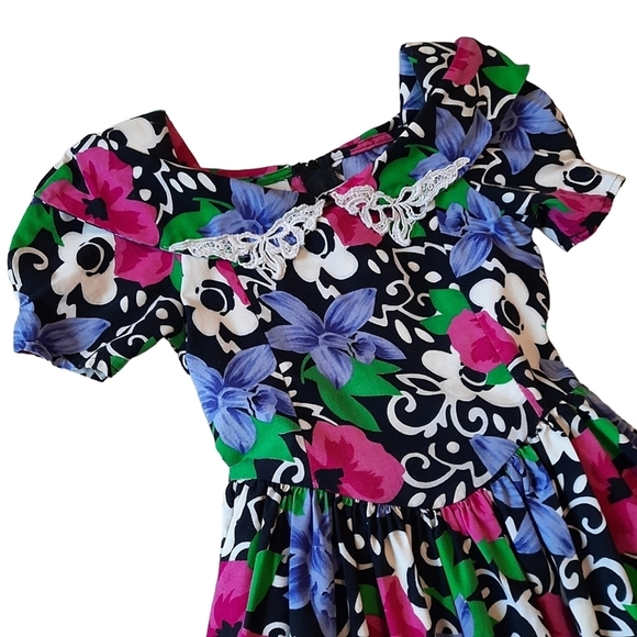 VINTAGE 90s Dress size 6X Bright Floral Cotton Full Skirt Padded Shoulders - Picture 2 of 8